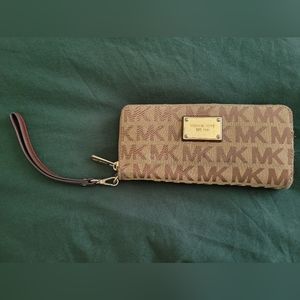Michael Kors Light Brown Combo Cloth Clutch Wristlet Wallet with strap